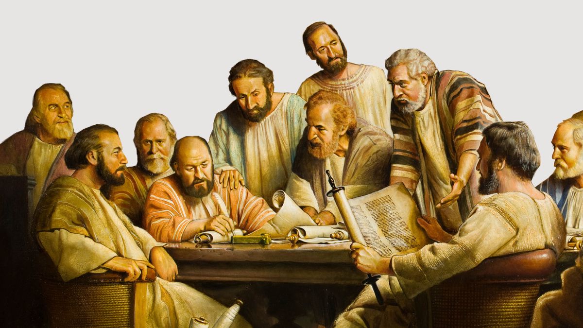 The apostles and the older men them in Jerusalem having meeting.