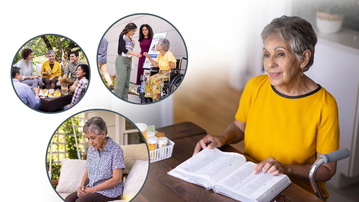 Collage: One older sister thinking on what she reading from the Bible. She get different-different medicine them side her. 1. She talking to one woman while she in her wheel chair doing public witnessing. 2. She attending one get-together with other brothers and sisters. 3. She praying.