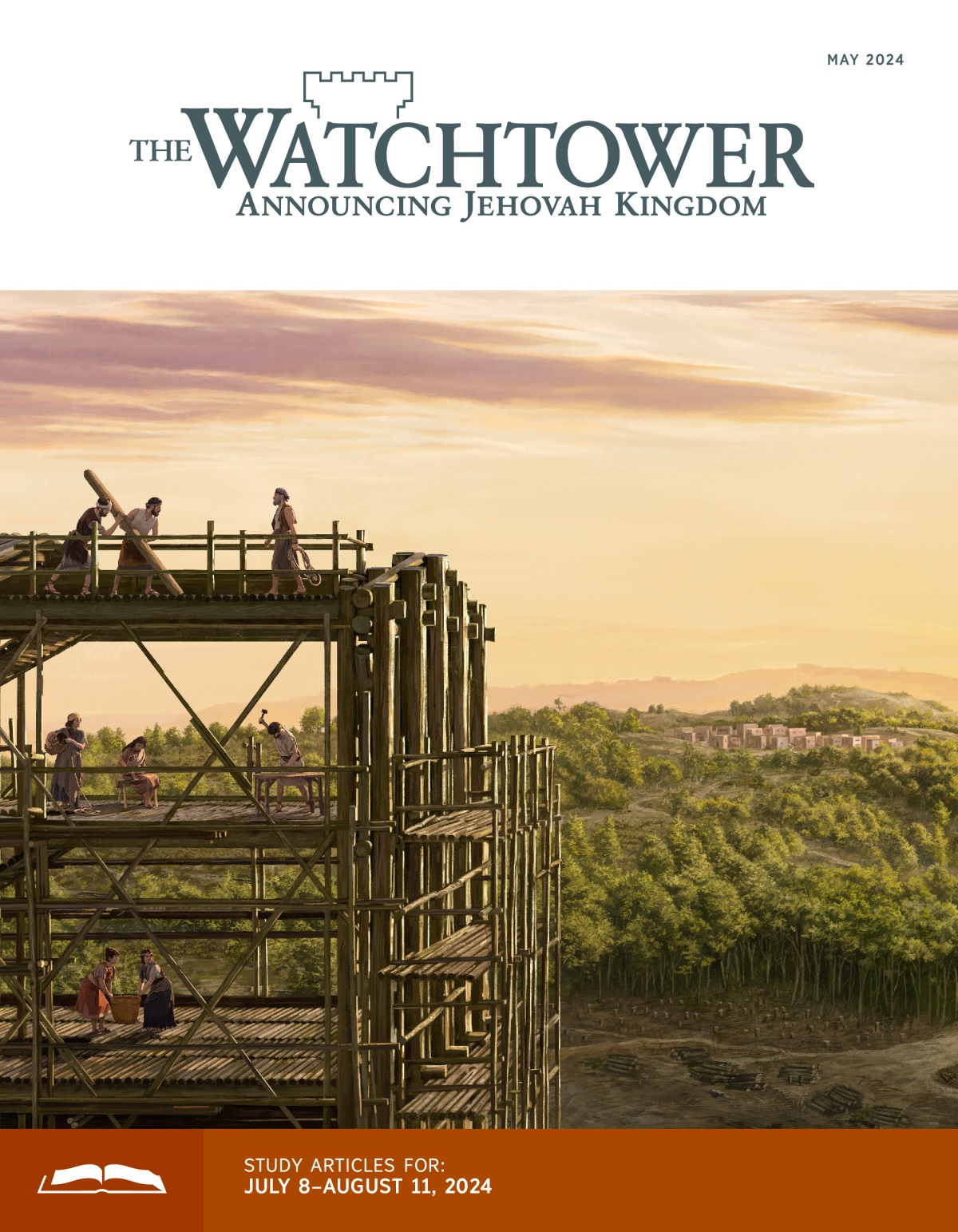 Noah and his family still working on the ark. From distance, you can see the village with forest all around it.