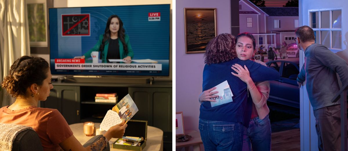 Collage: 1. The young woman watching news on TV about how they stop religious work. She holding one picture and thinking on the time she was serving Jehovah with her parents. 2. Later on she went to visit her parents and they welcome her. Outside the house, people on the street causing trouble.