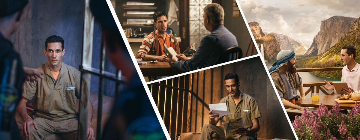 Collage: One brother in prison thinking about how Jehovah help him before and continue to help him. 1. Another brother studying the Bible with him. The cigarettes in the small plate on the table. 2. He reading one letter in the jail house. 3. He teaching one Israelite man in Paradise.