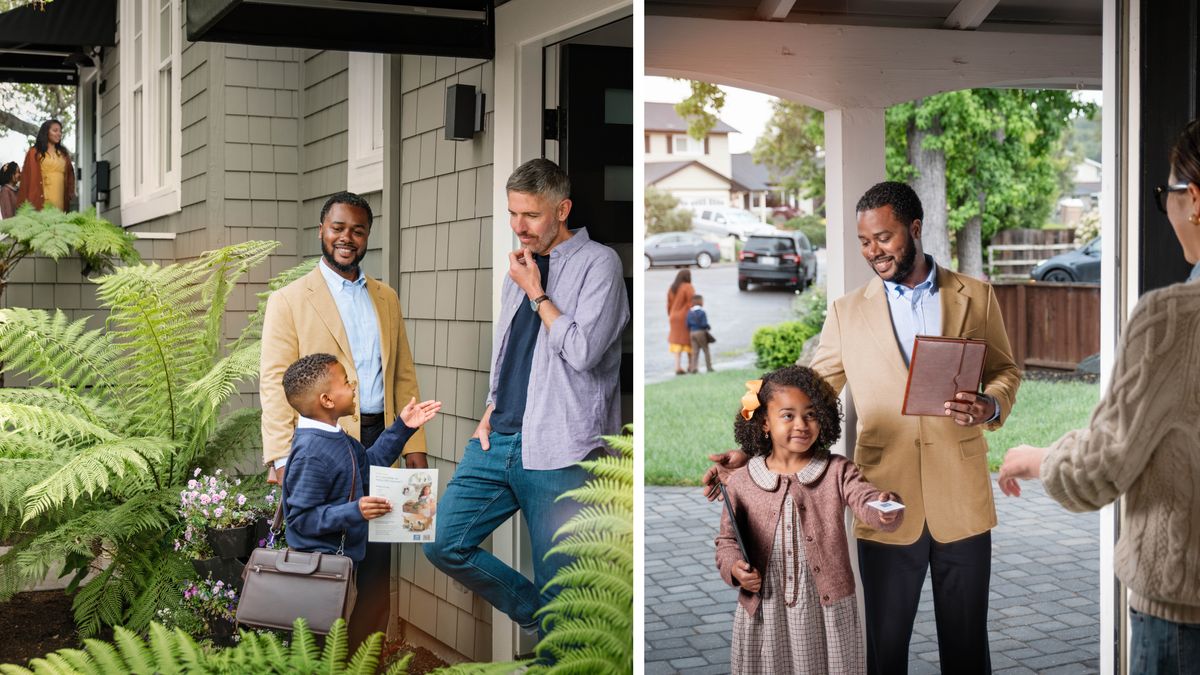 Collage: The man happy doing house-to-house with his children dem in field service. 1. The boy giving the “Enjoy Live Now and Forever!” brochure to the man and his pa smiling. 2. Later on, his daughter giving the jw.org contact card to the woman and he smiling.