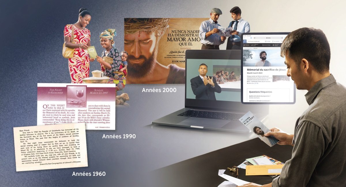 Un homme tient dans sa main une invitation au Mémorial qu’il a reçue par courrier. Ensemble d’illustrations : 1) Des proclamateurs de régions du monde différentes remettent à une personne une invitation au Mémorial. 2) Des invitations au Mémorial en version papier ou en version électronique, en différentes langues (dont la langue des signes) et datant des années 1960 à aujourd’hui.