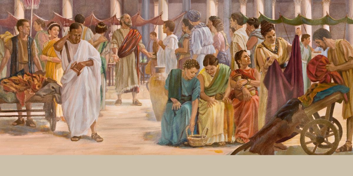 Paul preaching to a group of people at the marketplace in Ephesus while others go about their business.