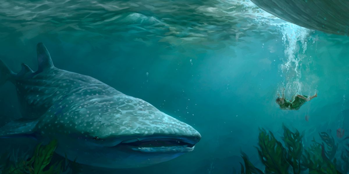 Jonah in the water and the big fish coming swallow him