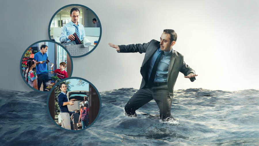 A brother sinking in a sea of water. Collage: 1. The brother packs his belongings at his workplace. 2. He does not have enough money to buy groceries as he shops with his children. 3. The brother and his family move out of their home.