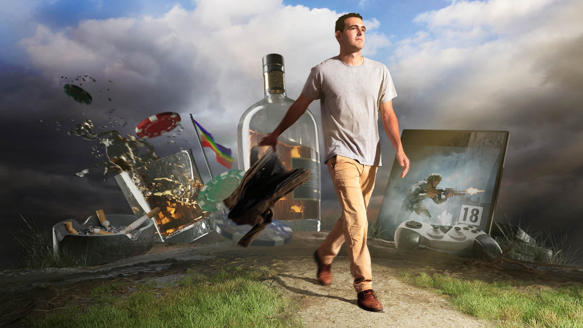 [Picture on page 3]A Bible student walking on a path and throwing away an old garment. Behind him are cigarettes, alcoholic beverages, gambling chips, a flag symbolizing the gay social movement, and violent video games.