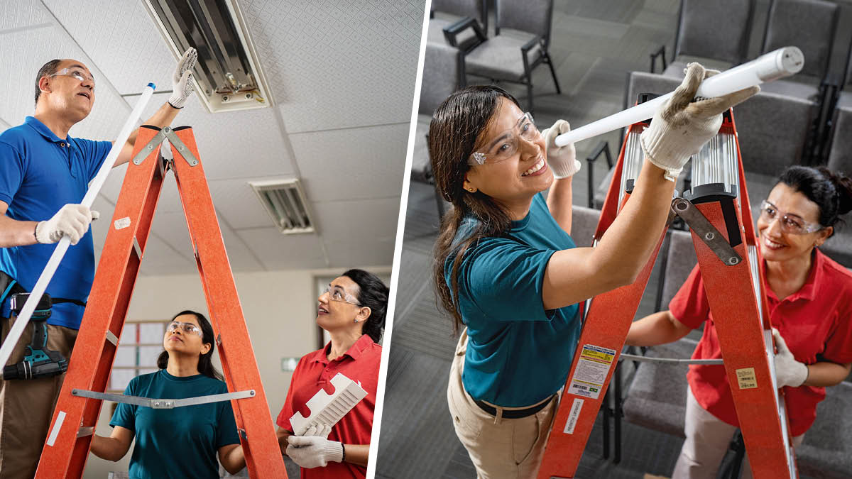 Collage: 1. A brother trains two sisters to change the light bulbs at the Kingdom Hall. 2. The sisters work together to change a light bulb.