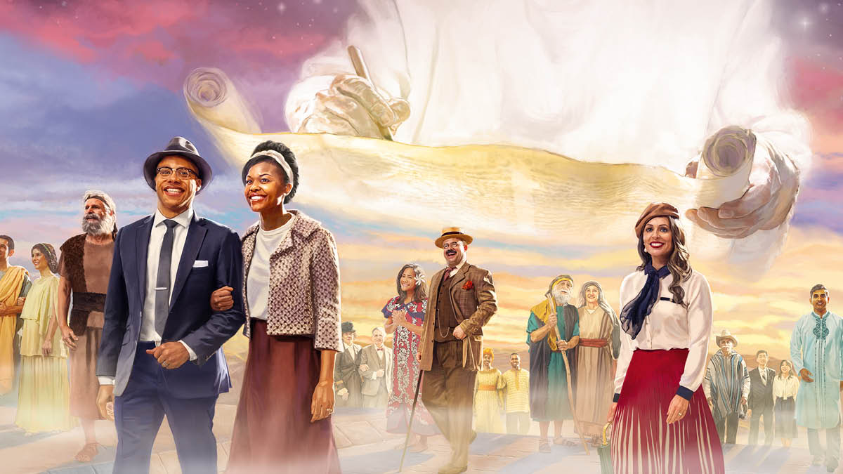 Collage: 1. Jehovah writes in a scroll. 2. Happy people from different backgrounds and time periods walk together.