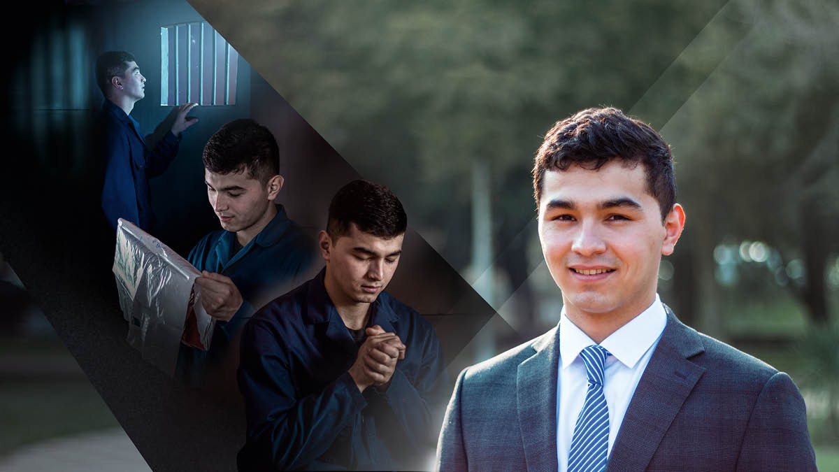 Collage: Jovidon Bobojonov. 1. He looks out the window of his prison cell. 2. He reads the day’s text written on a grocery bag. 3. He prays.