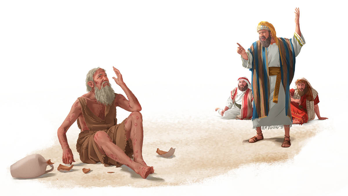 Job sitting down on the ground and looking up in heaven with plenty sore on him. One of the three false comforters pointing to heaven and laughing at him.