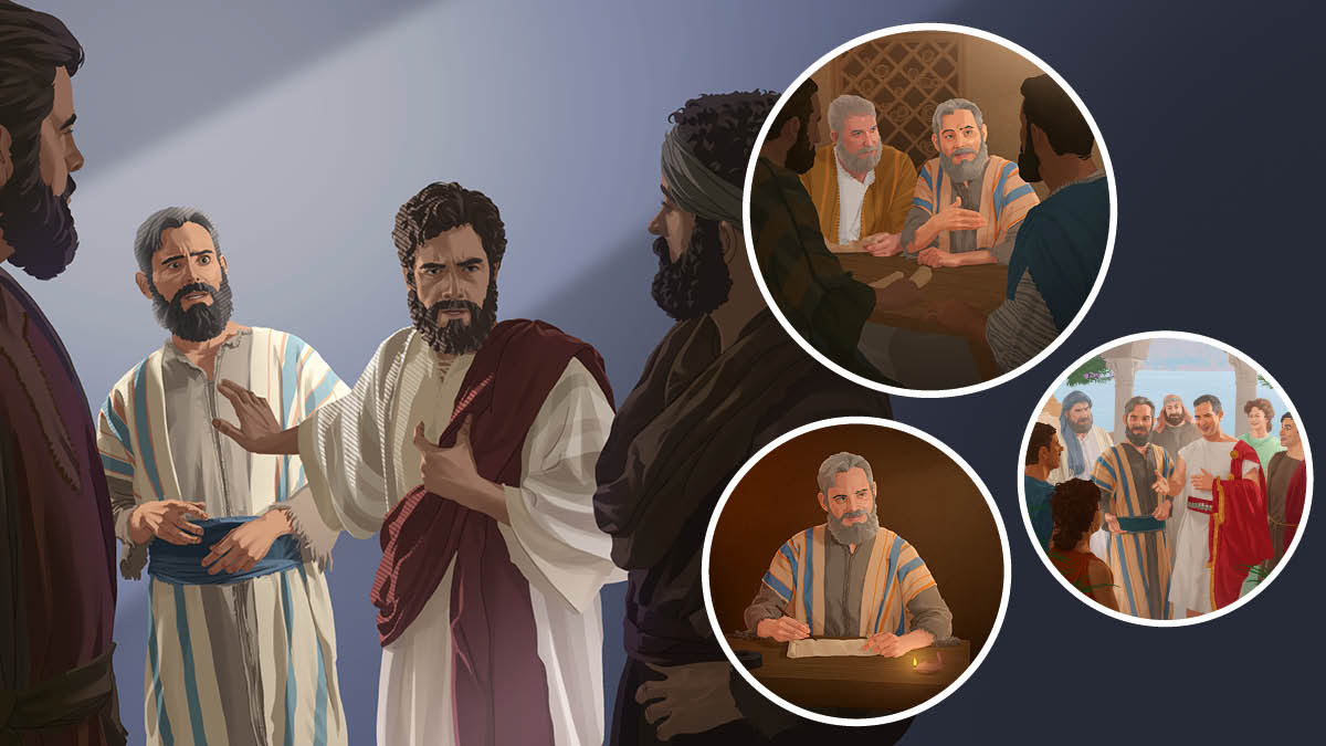 Jesus correcting Peter in front of the other apostles. Collage: The responsibilities Peter got later on. 1. Peter, the apostles and older men in Jerusalem. 2. He visiting Cornelius and his family. 3. He writing in one scroll.