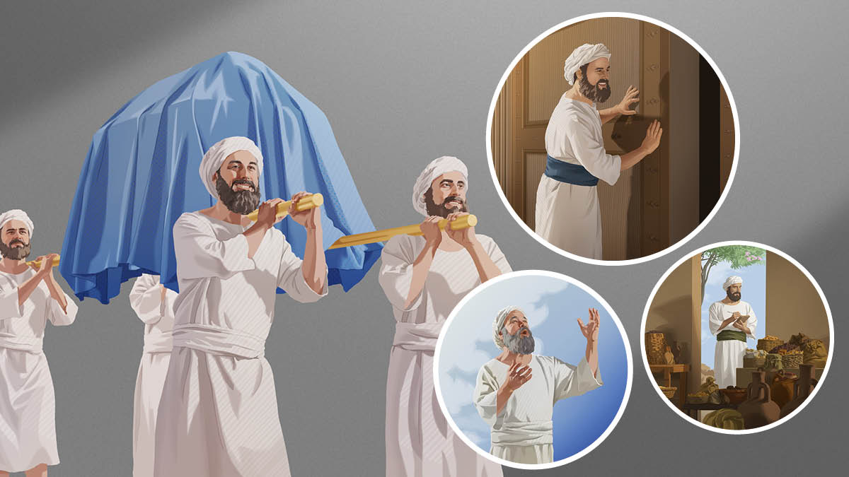 Four Kohathites carrying the ark of the covenant. Collage: The Kohathites responsibilities they got later on. 1. One Kohathite singing. 2. Another Kohathite closing the gate. 3. Another Kohathite checking the thing them that in the storehouse.