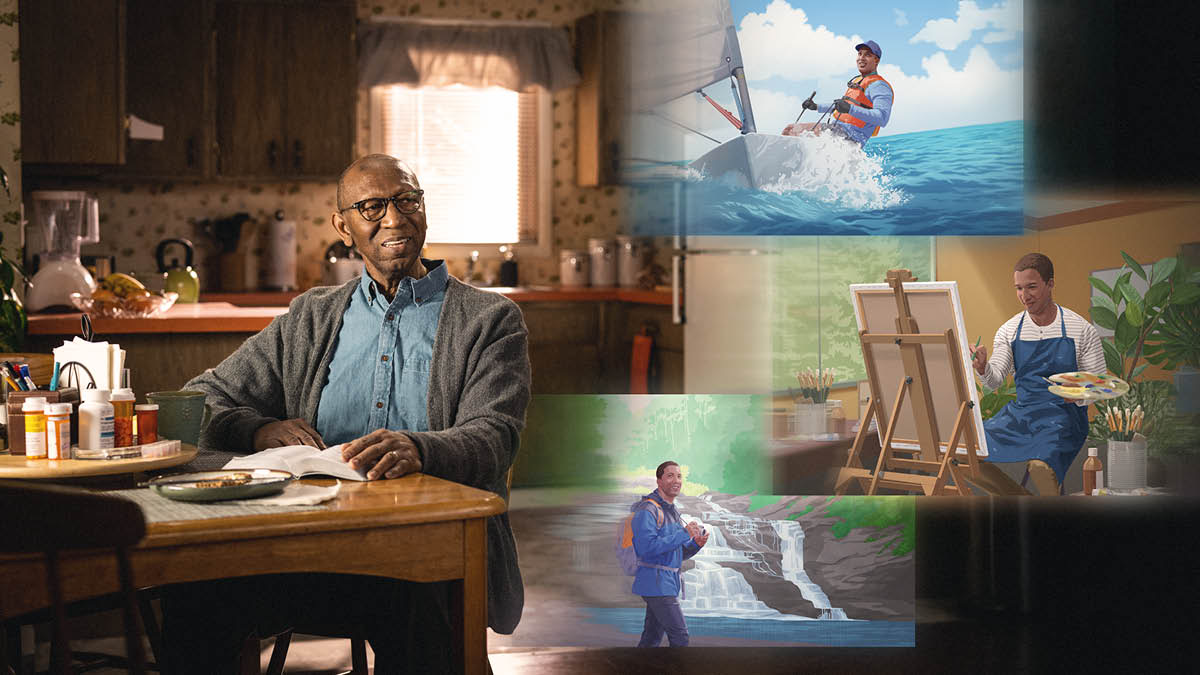 Collage: One old brother sitting down with table in front of him that get plenty medicine on it. He reading the Bible and thinking on the thing them he will be able to do when he get strength in the new world. 1. He riding boat. 2. He drawing. 3. He walking near the waterfall.