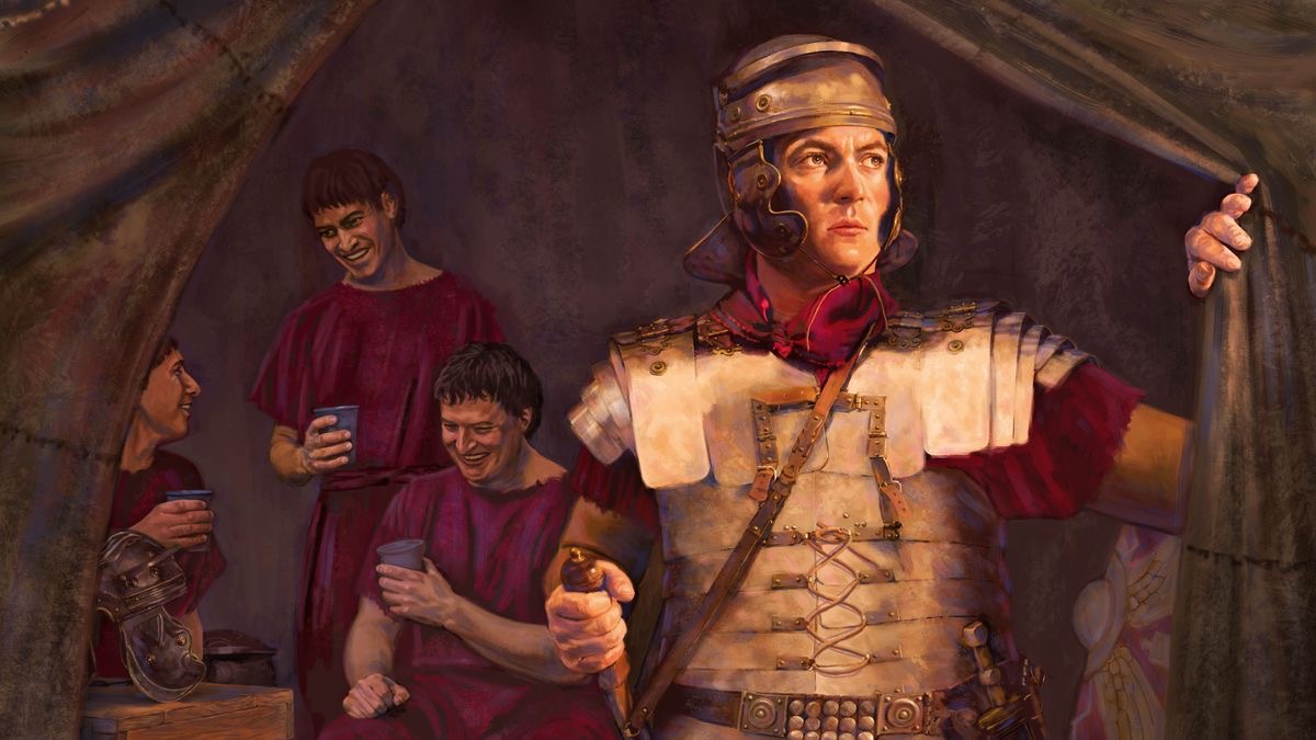 A Roman soldier wearing a complete suit of armor, standing guard at the entrance of a tent. Behind him are soldiers without their armor, drinking and enjoying themselves.