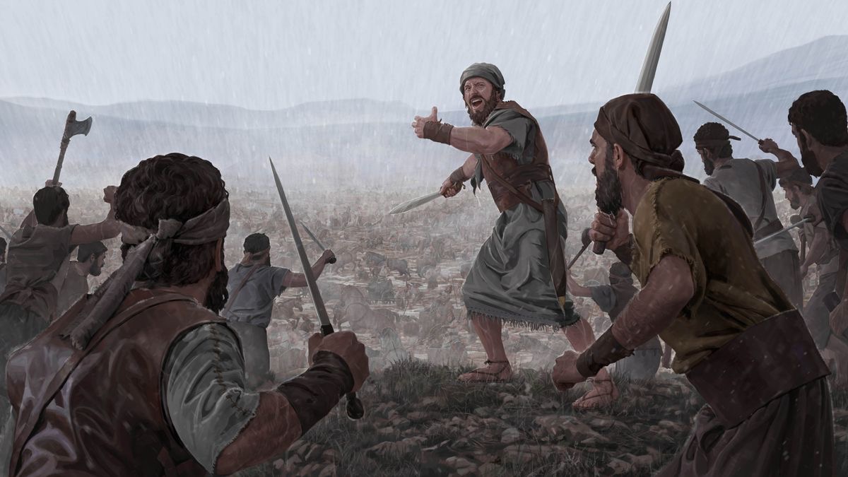 Barak and his men them coming down the mountain to fight Sisera army and the rain heavy. Sisera war chariots sticking in the mud.
