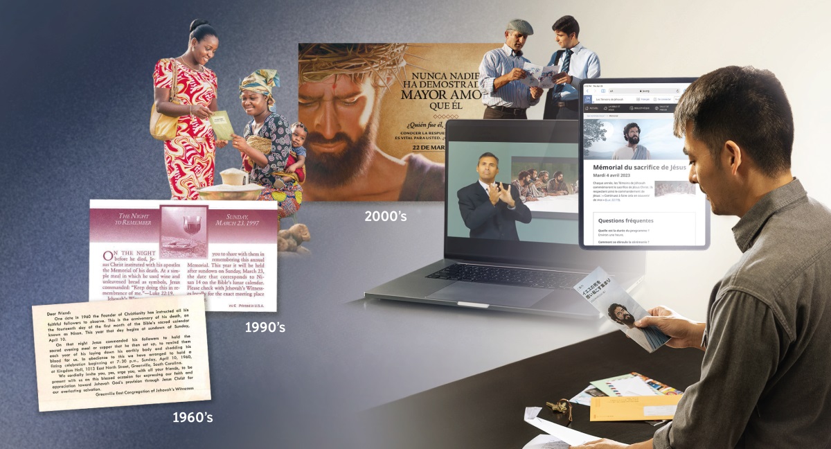 The man holding the Memorial invitation. Collage: 1. Publishers from different-different part of the world inviting people to the Memorial. 2. The Memorial invitations they na Print and the one them online from the 1960’s to now. They in different-different languages, including sign language.