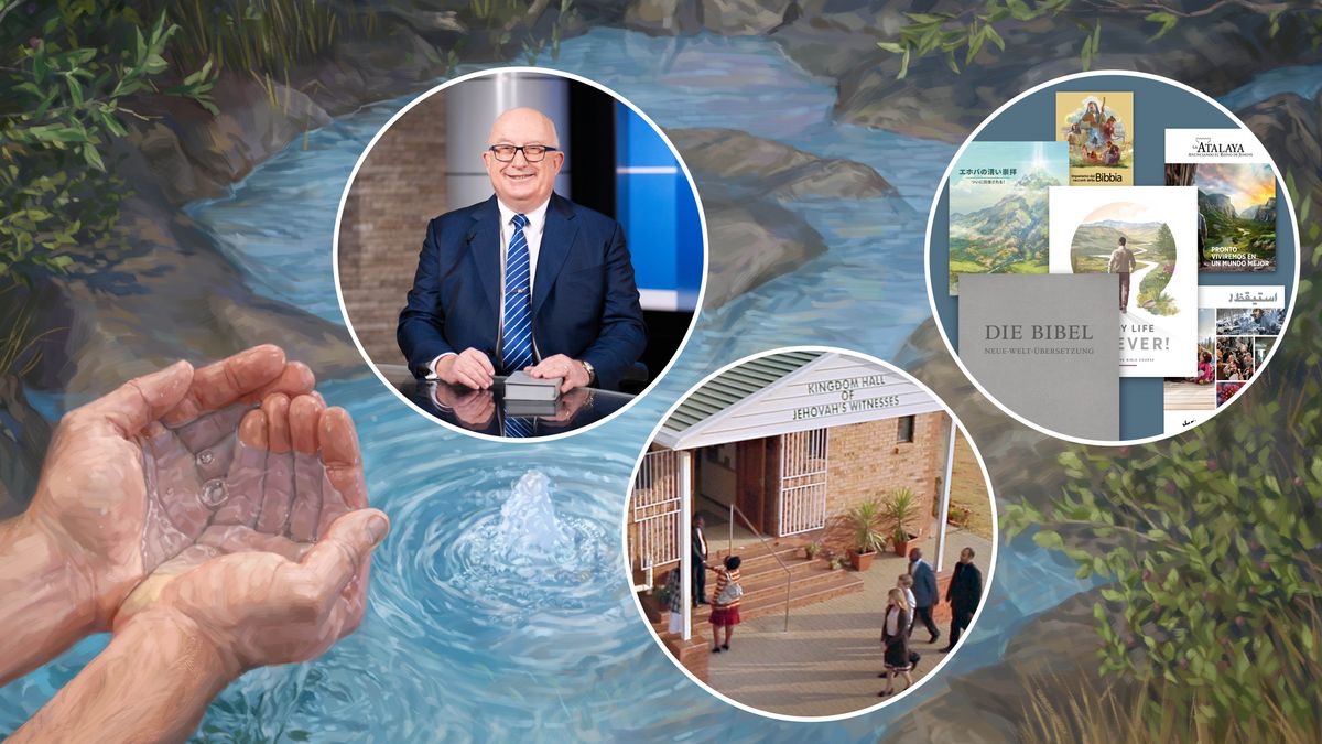 Samson taking water from the river with his hands. The small-small picture them: 1. JW Broadcasting® program. 2. The Bible and different-different publications. 3. The brother and sister them coming to the Kingdom Hall.
