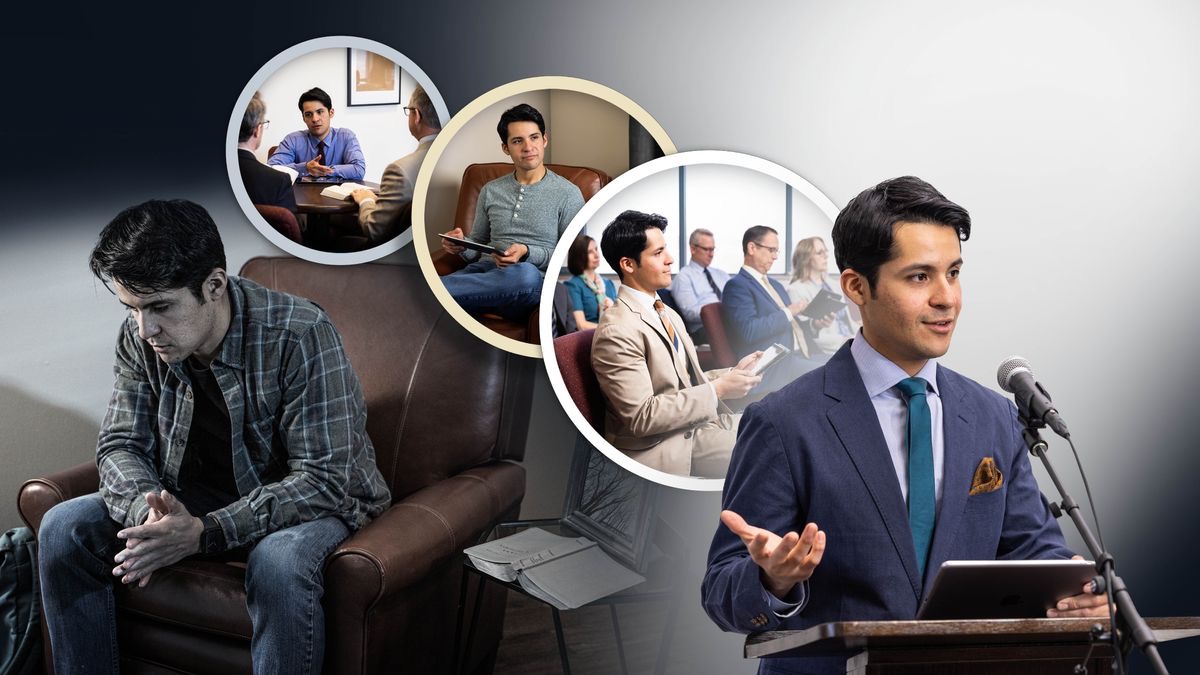 Collage: 1. The brother who grieving get his Bible open near him. 2. The brother talking with the two elders. 3. He thinking on the thing he na read on his tablet. 4. He listening good-good in meeting. 5. He giving talk in meeting.