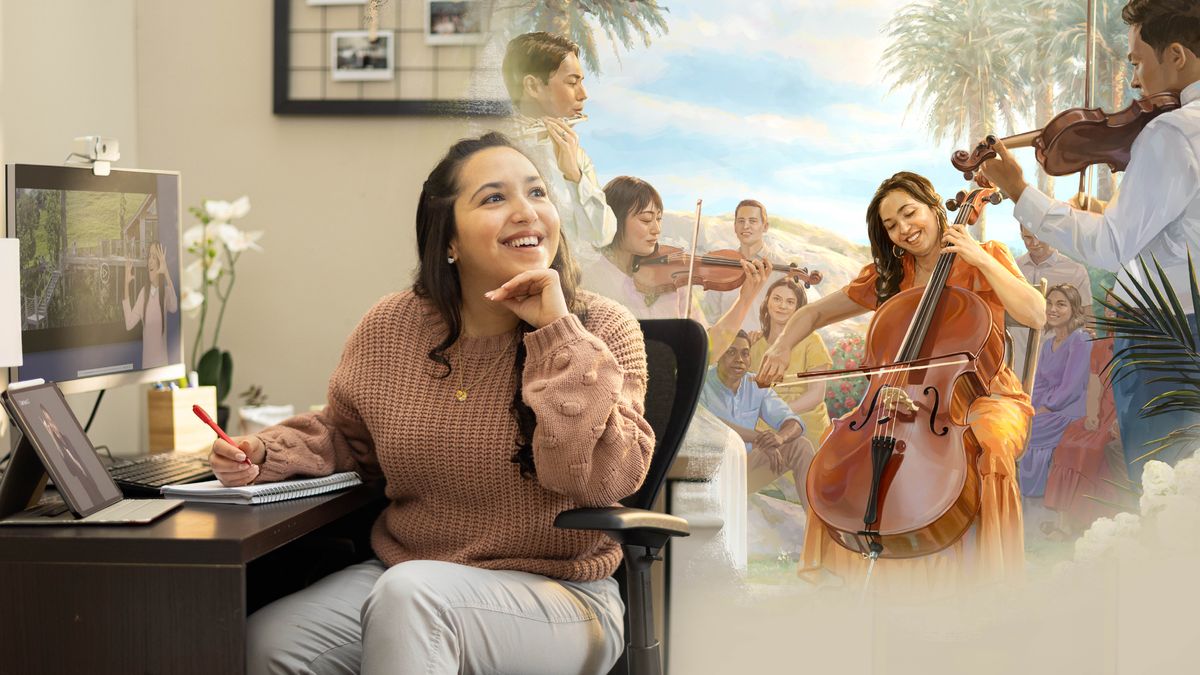 One sister who can’t hear watching the music video “The New World to Come” in sign language. And she thinking on how her life will be like in the new world. She imagining herself playing one music instrument with other brothers and sisters.