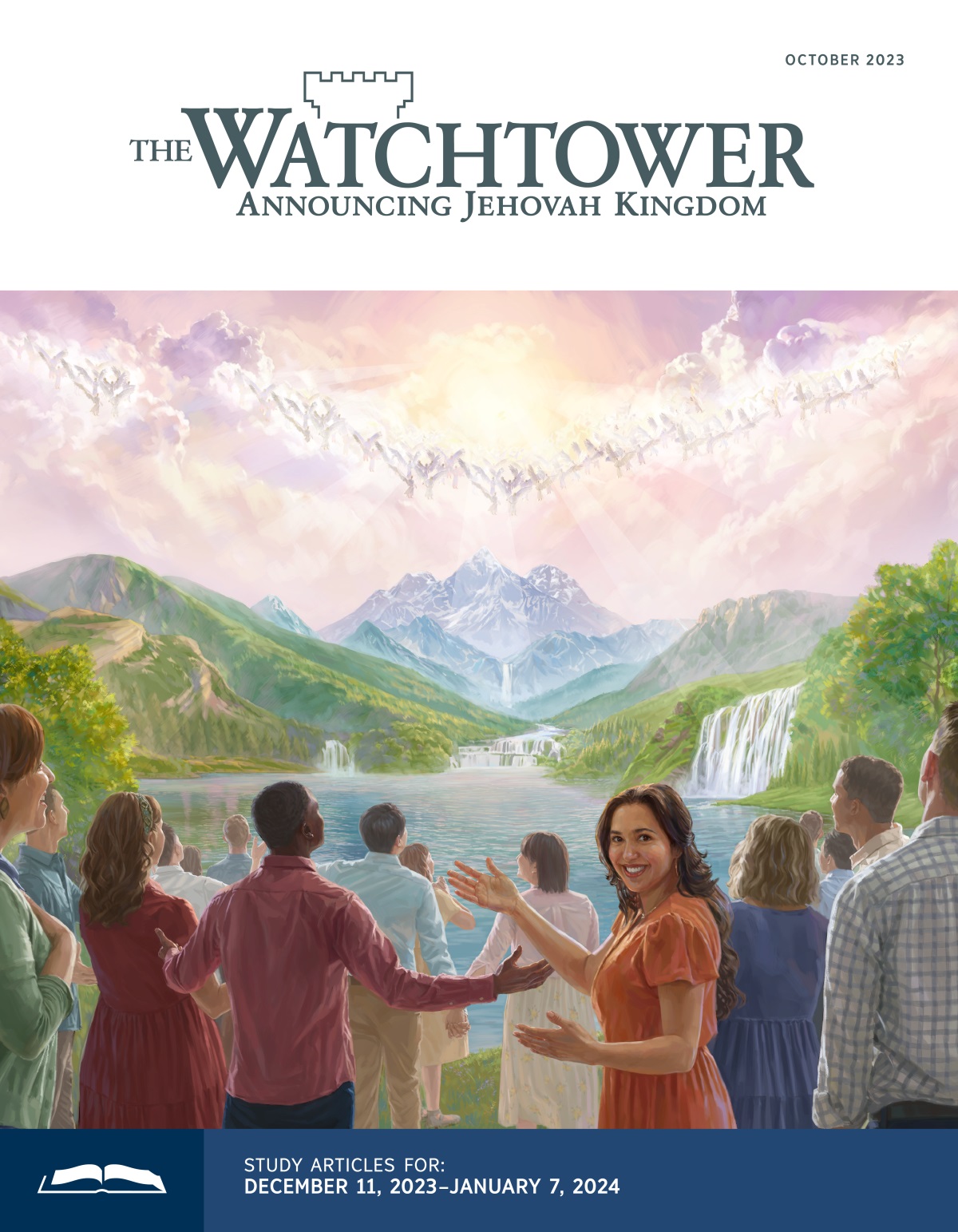 The Angel them in heaven and the people them on paradise earth happy praising Jehovah.