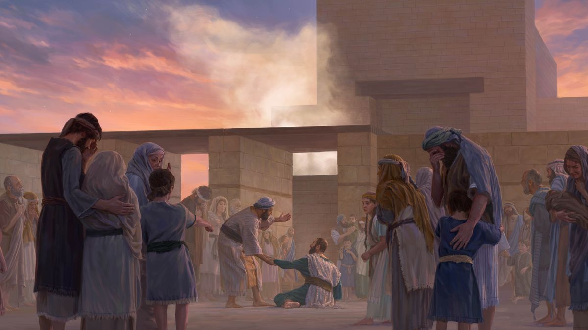 Ezra and the other Israelite them to the temple crying. Shecaniah helping Ezra to stand up.