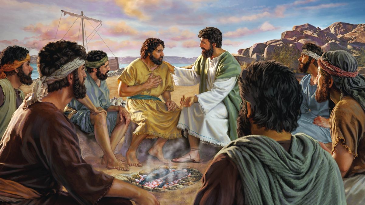 Jesus talking with Peter while they roasting fish on the fire. The other apostles listening good-good.