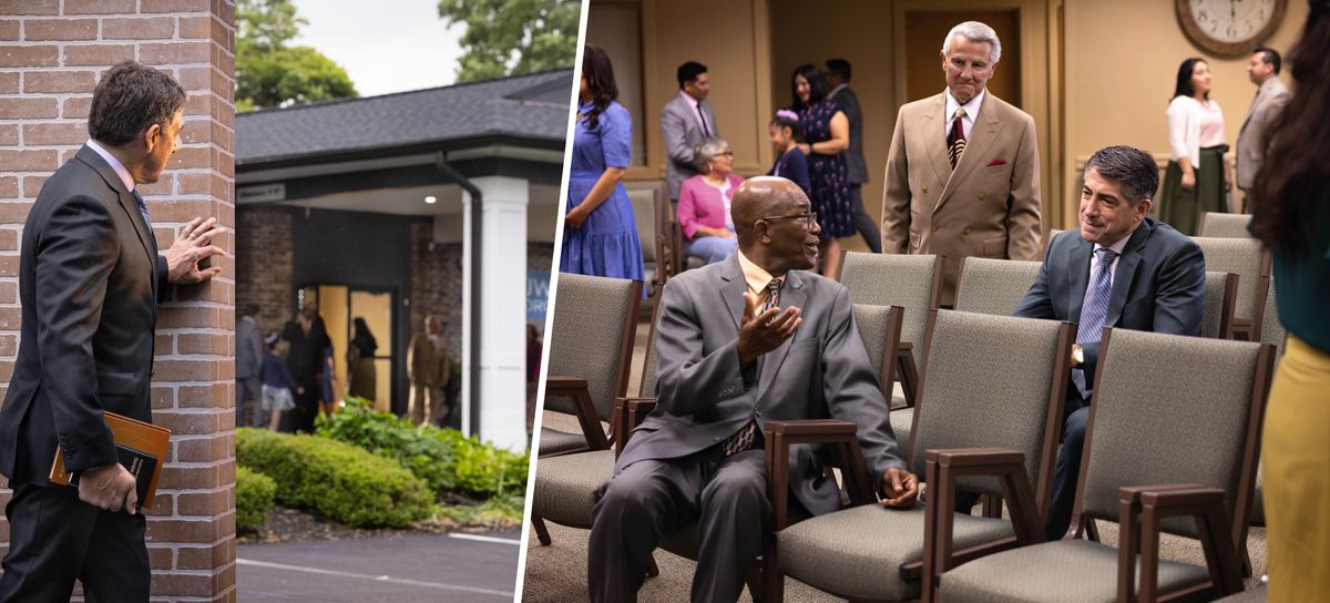 Collage: 1. One inactive brother holding the old songbook and Bible, but he scare to enter the Kingdom Hall. He far off looking at the brother and sister them coming for the Memorial. 2. Later on, the inactive brother happy talking with another brother inside the Kingdom Hall.