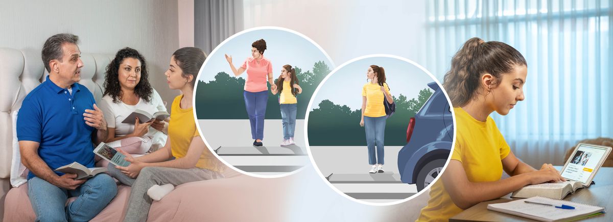 Collage: 1. The young sister listening to her parents. She get one article open on her tablet, and her parents get their Bibles open. 2. The same sister using her tablet, the Bible, and her notebook to do personal study. The first small picture showing the mother holding her daughter hand and telling her to look left and right before they cross the road. The second small picture showing the daughter who na get big crossing the road on her own.