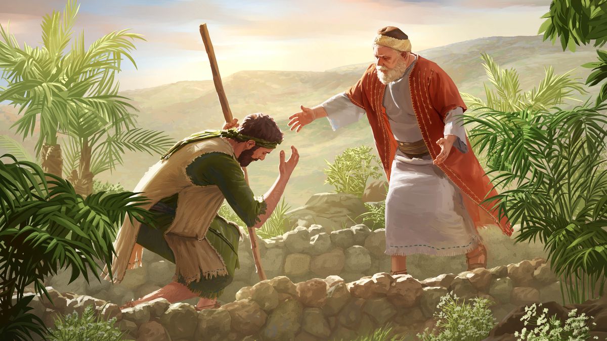 The lost son in Jesus parable, bowing down before his pa who running to come hug him.