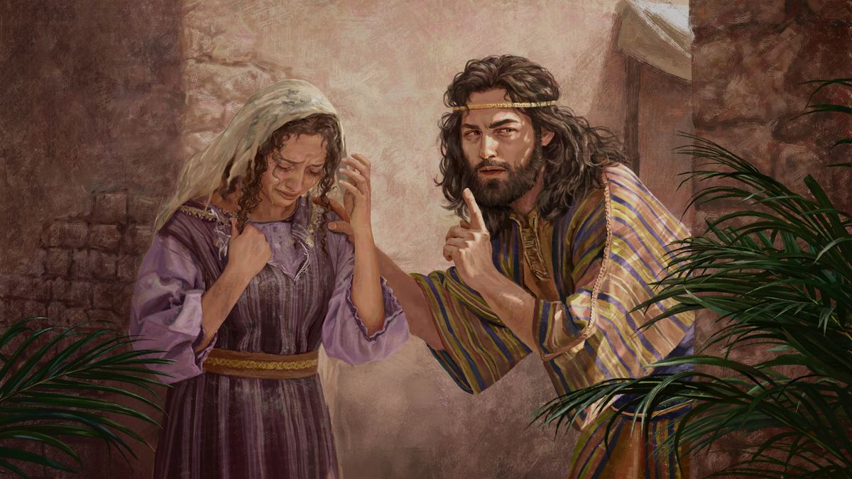  Tamar crying and tearing her clothes. Absalom throwing sign to her to keep quiet.