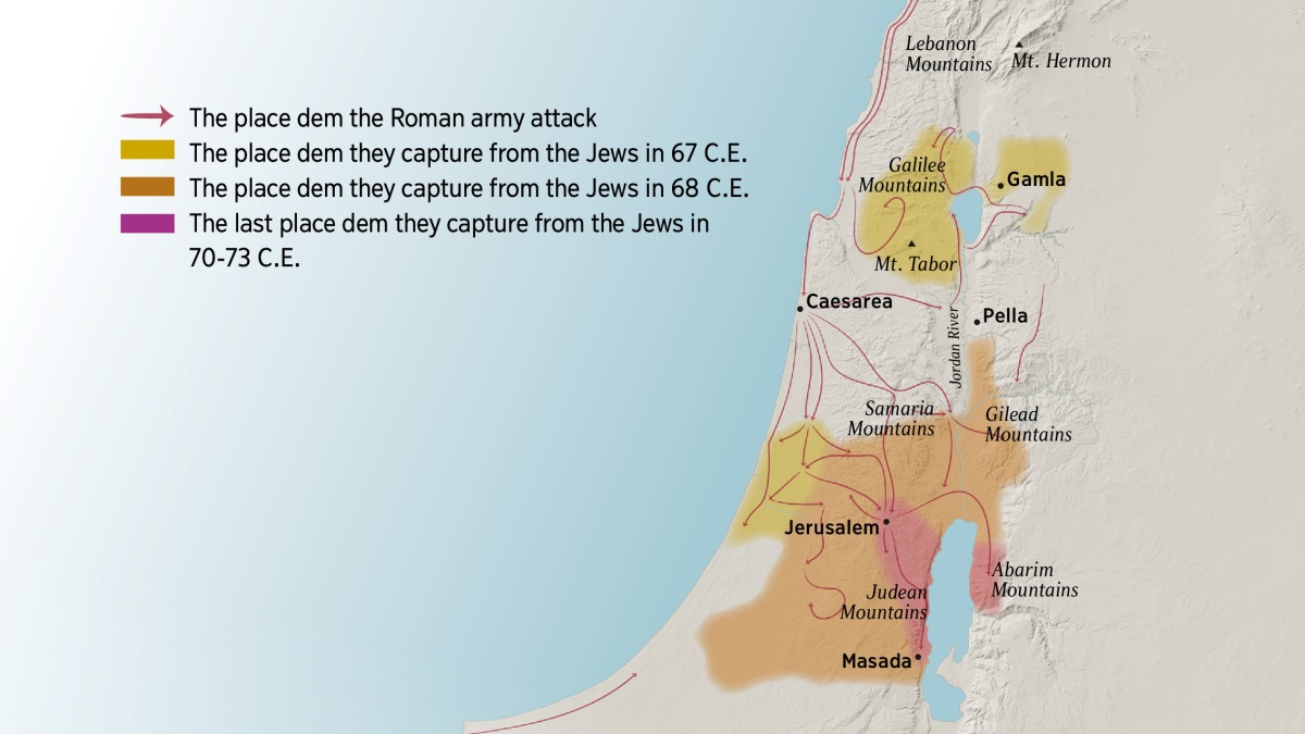 The map showing some of the mountains and cities in Israel way back. The mountain dem that in the north part of Jerusalem: the mountains in Lebanon, Galilee, Samaria, and Gilead, and Mount Hermon and Mount Tabor. The city dem that in the north part of Jerusalem: Gamla, Caesarea, and Pella. The mountain dem in the South part of Jerusalem: the mountains in Judea and Abarim, and the city of Masada. The map also showing the road dem the Roman army use to travel on to go fight war and the place dem they capture from the Jews from 67 C.E. to 73 C.E.