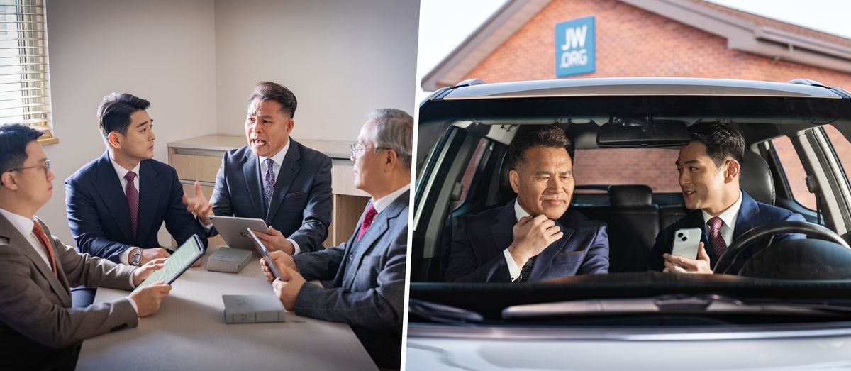 Collage: 1. The four elder dem having meeting. One of the elder talking rough way. 2. Later on, he in the car with one young elder who wor in the meeting. The young elder talking with him one on one about the harsh way he wor talking.