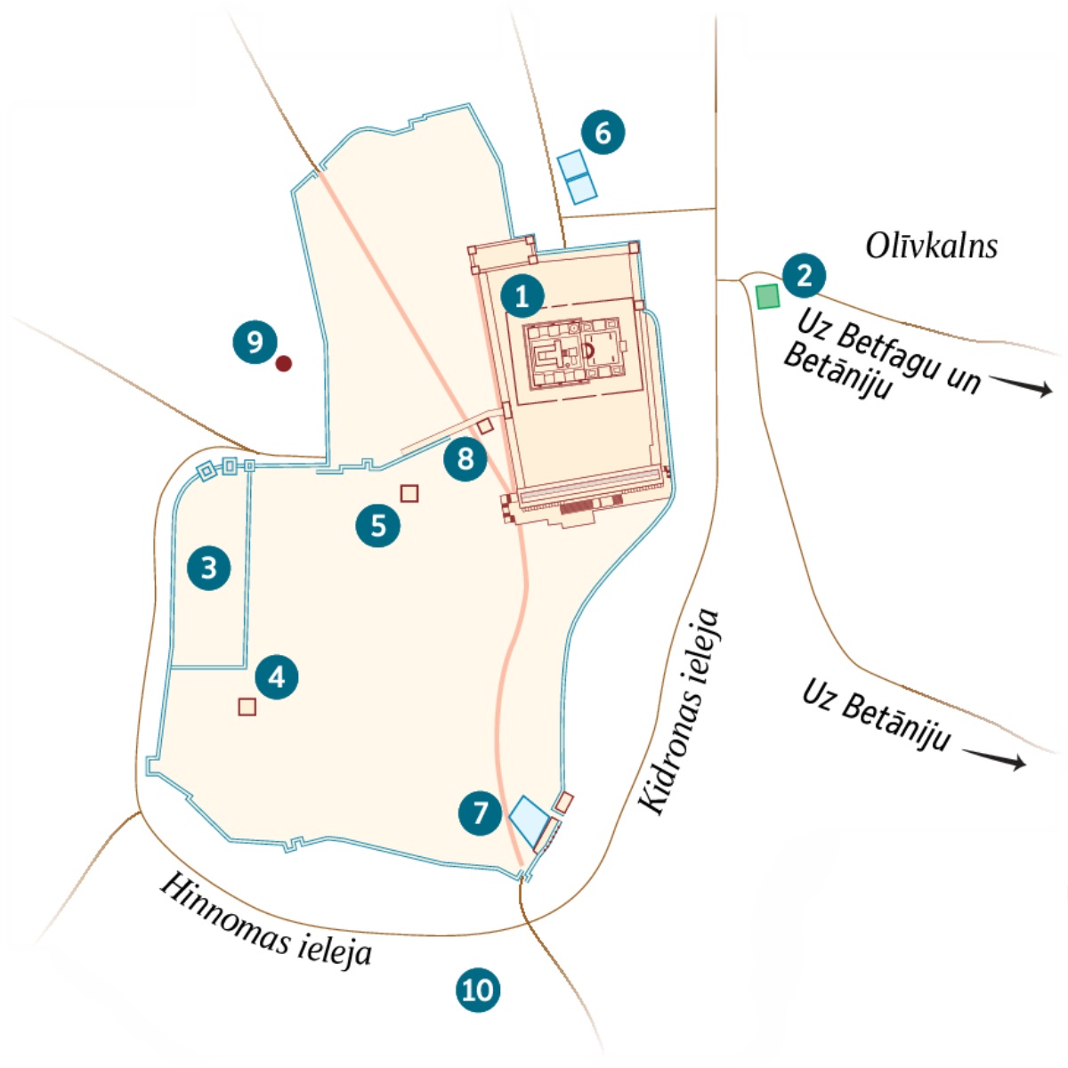 Jeruzālemes un tās apkārtnes karte. Norādītas objektu atrašanās vietas: 1) templis, 2) Ģetzemanes dārzs, 3) vietvalža pils, 4) Kajafas māja, 5) pils, kur tobrīd bija apmeties Hērods Antipa, 6) Betzatas baseins, 7) Siloāmas dīķis, 8) Sinedrija zāle, 9) Golgāta, 10) Hakeldama jeb Asins lauks.