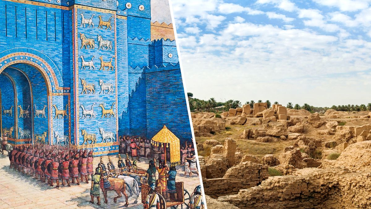 Serie de imágenes: 1. Las imponentes murallas y la gran puerta de entrada de la antigua ciudad de Babilonia. 2. En un lugar desolado, las ruinas de Babilonia en la actualidad.