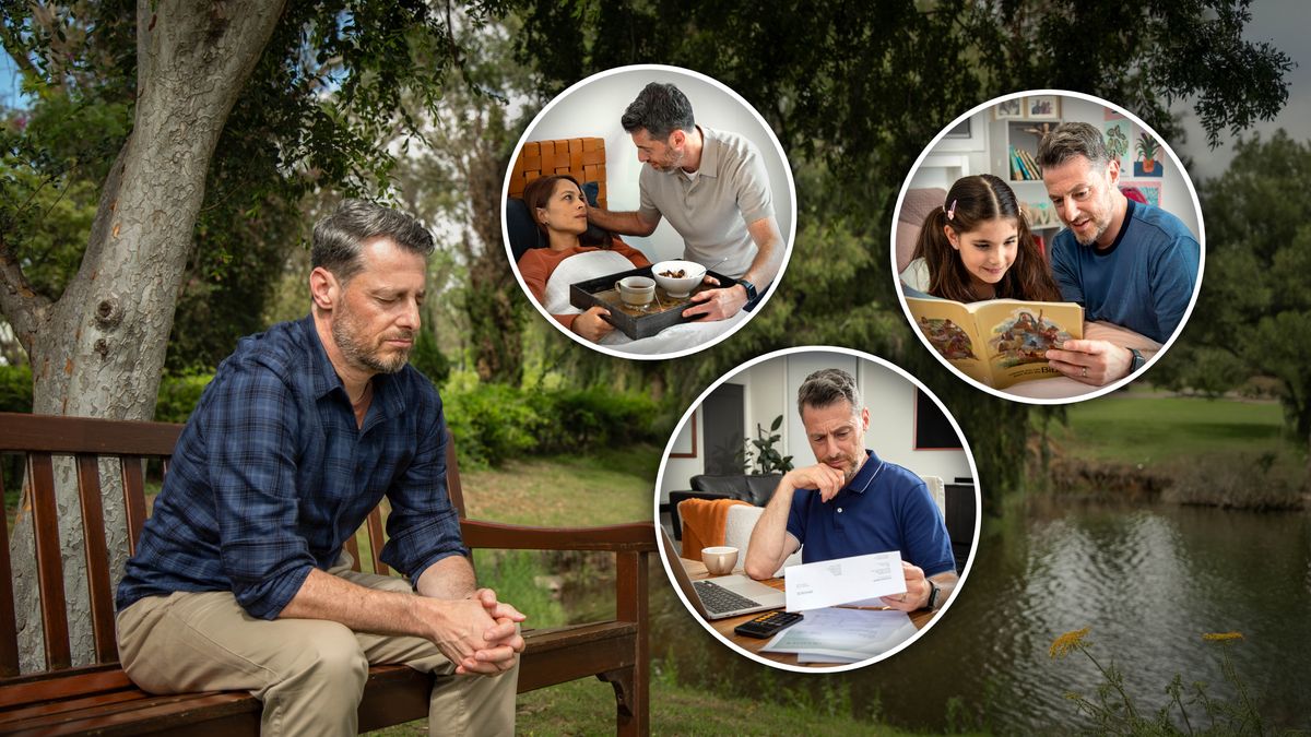 Imágenes de un hermano que ora con confianza sobre tres asuntos importantes mientras está sentado en un banco al aire libre. 1. Su esposa está enferma en cama y él le lleva una comida. 2. Su hijita disfruta estudiando la Biblia con él. 3. El hermano revisa un montón de papeles del banco.