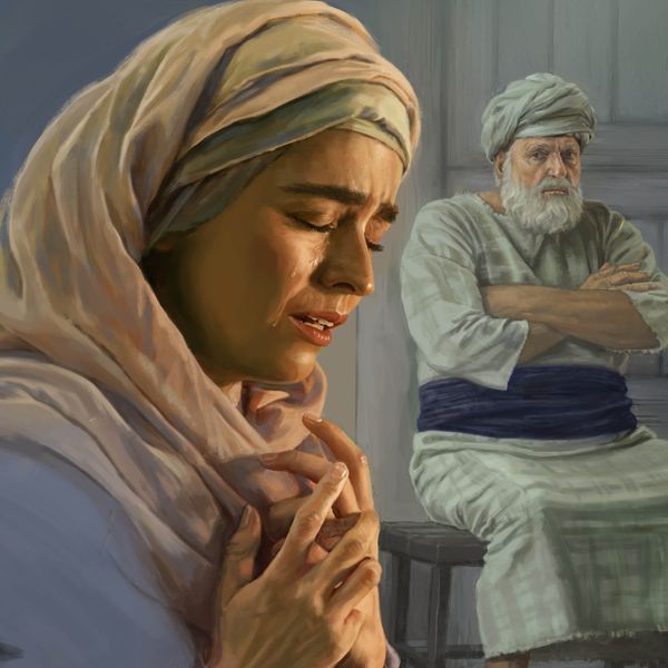 Serie de imágenes: 1. Ana, llena de dolor, aparta la mirada mientras Elcaná juega con dos de sus hijos. 2. Peniná mece sonriente en sus brazos a su recién nacido. 3. Ana orando intensamente entre lágrimas. 4. El sumo sacerdote Elí está sentado de brazos cruzados y observa a Ana.