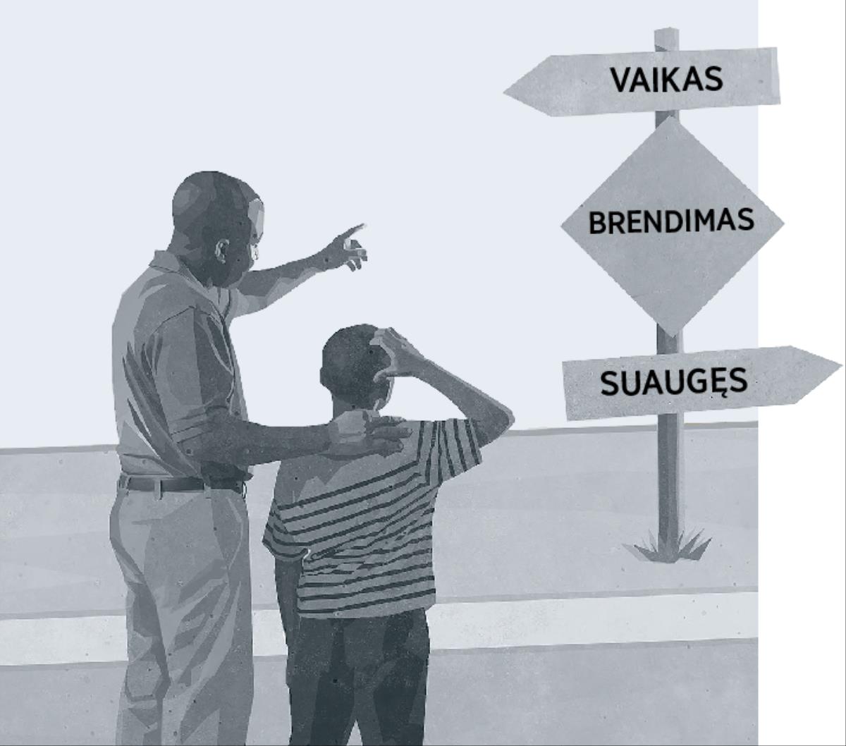 Tėvas su sūnumi stovi prie kelio ženklo, ant kurio užrašyta: vaikas, brendimas, suaugęs