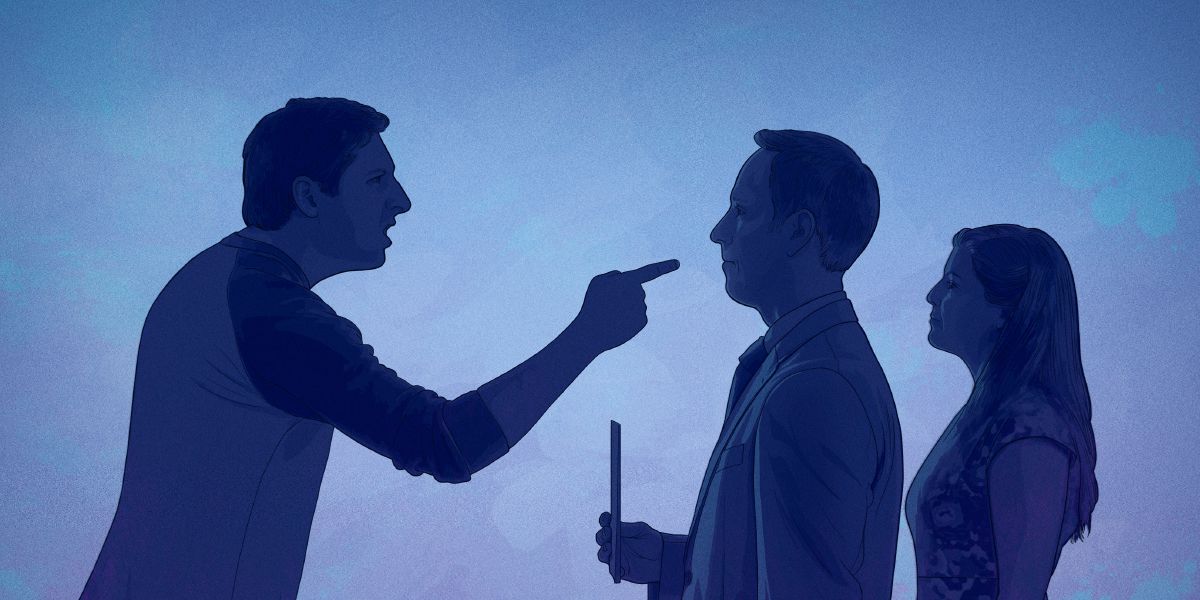 Jehovos liudytojas ramiai stovi priešais vyrą, kuris bando išprovokuoti ginčą