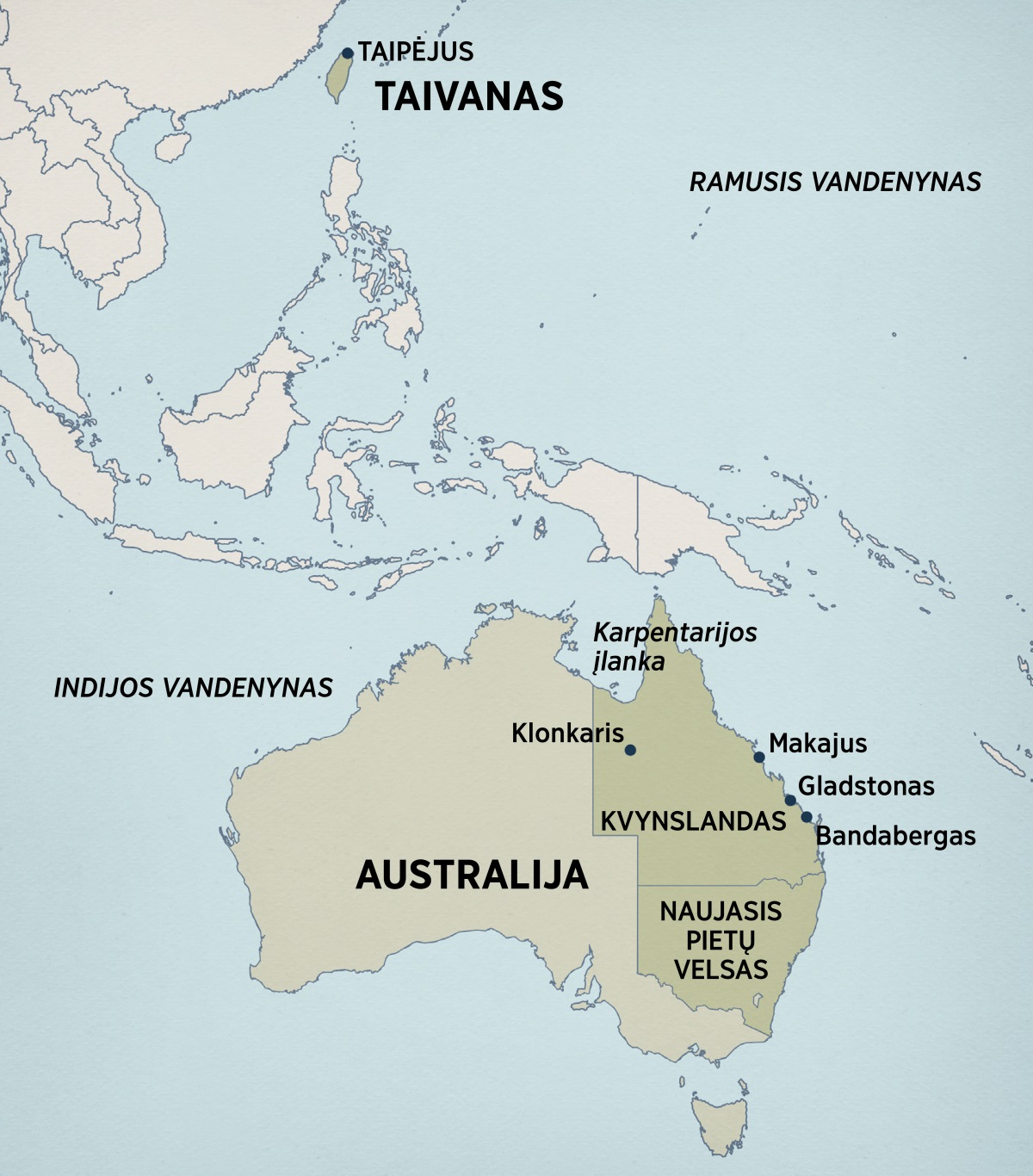 Australijos ir rytų Azijos žemėlapis, kuriame pavaizduotos vietovės, kuriose Teris gyveno ir tarnavo: Taipėjus (Taivanas); Karpentarijos įlanka, Klonkaris, Makajus, Gladstonas ir Bandabergas (Kvynslando valstija); Naujasis Pietų Velsas.