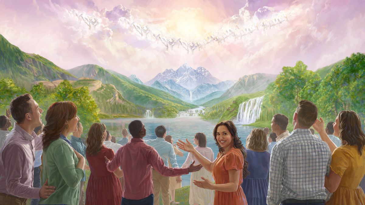 Angelai danguje ir žmonės žemėje džiaugsmingai šlovina Jehovą.