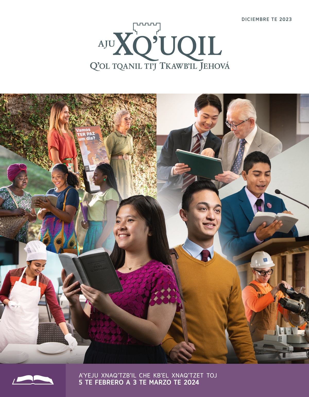 In tzalaj jun txin ex jun qʼa akux in che chʼiy toj kyokslabʼil. Tzyuʼn jun Biblia tuʼn txin ex in ximen tiʼjju in jaw tuʼjin, atzun te qʼa in xiʼ pakbʼal. Qe foto kyiʼj kuʼxun in che onin toj ttnam Jehová. 1. In bʼaj tbʼinchaʼn jun ermana mes jatumel tuʼn kywan erman toj Betel. 2. In jaw kyuʼjin kabʼe ermana jun texto te jun xuʼj toj pakbʼabʼil. 3. In pakbʼan jun txin tiʼj carrito junx tukʼil jun ermana ma tijen. 4. In xi tyekʼin jun qʼa te jun ermano ma tijen tzeʼn tuʼn tajbʼen tablet tuʼn. 5. In jaw tuʼjin jun ermano Biblia tzmax twitz plataforma toj jun chmabʼil. 6. In najbʼen jun sierra tuʼn jun ermano toj jun proyecto te construcción.