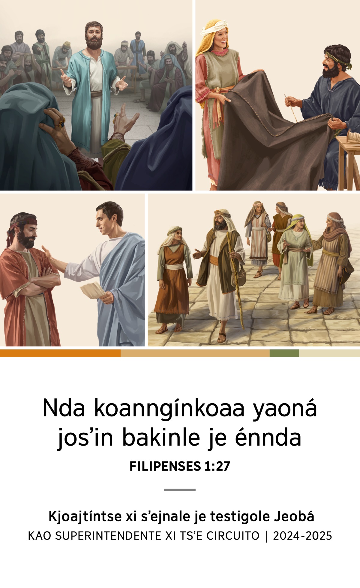 Sén: 1. Je Esteban yaa ngixko̱n Sanedrín séjna nga tísítoánntjai kjoamakjainle. 2. Je Áquila kao Priscila jngo ndʼianajño tjíosínda. 3. Je Felipe, chjoónle kao nga ño xtiyánchjínle nga tjenyandiaa. 4. Je Tito jngo xi chjotajchínga sʼin tíjna tífákaonajmí.