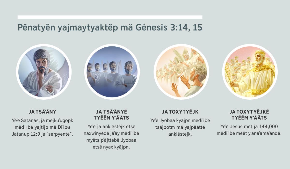 Dibujë: “Pënatyën yajmaytyaktëp mä Génesis 3:14, 15”. 1. Ja tsäˈäny: yëˈë Satanás, tuˈugë anklës. 2. Ja tsäˈänyë tyëëm yˈääts: yëˈë ja anklëstëjk mëdiˈibë kyaj myëdoowdë. 3. Ja toxytyëjk: yëˈë ja anklëstëjk mëdiˈibë myëmëdoowdëbë Jyobaa. 4. Ja toxytyëjkë tyëëm yˈääts: Yëˈë Jesus mët ja 144,000 mëdiˈibë mëët yˈanaˈamäˈändë. Yäˈädë dibujë yëˈë nanduˈun miimp mä parrafo 4, 5, 7, 8 etsë 9.