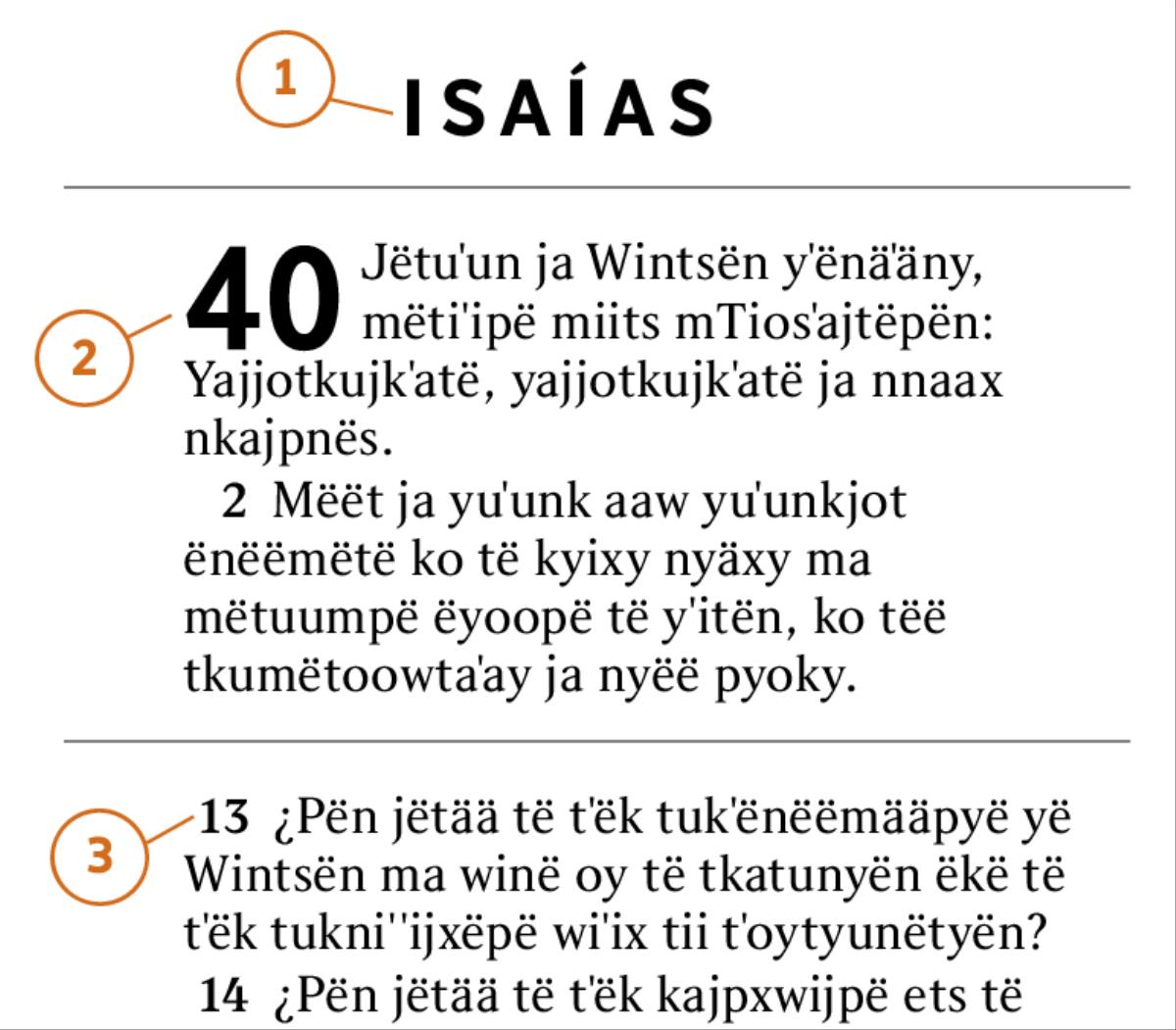 Kyëxëˈëky wiˈix mbäät nbatëm ja tekstë 1) ja liibrë, 2) ja kapitulo ets 3) ja bersikulo