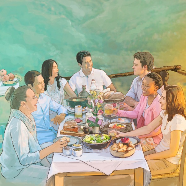 People enjoying plenty of food