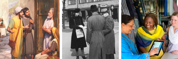 1. Jesus’ first-century disciples preaching; 2. A modern-day disciple of Jesus doing public witnessing; 3. Modern-day disciples showing a woman the jw.org website