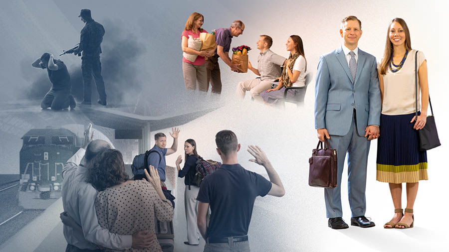 Enn koup ki pe amen rol Danylo ek so madam pe deboute ek pe riye. Zimaz: 1. Frer-la pe azenou avek so lame deryer so latet pandan ki enn solda pe menas li avek enn fizi. 2. Dan lagar trin, koup-la pe dir orevwar bann frer ek ser. 3. Enn frer ek enn ser pe donn zot bann sak komision.