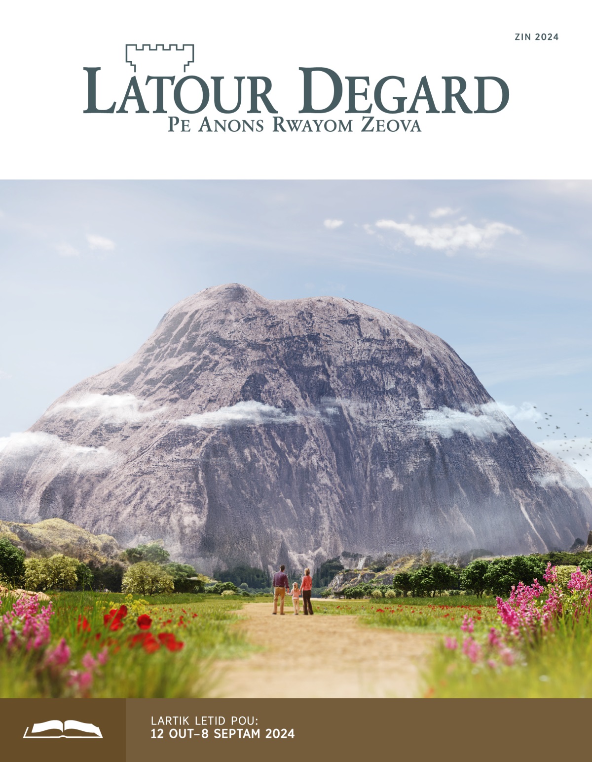 Enn papa ek enn mama ansam avek zot tifi pe admir enn gran montagn ki devan zot.