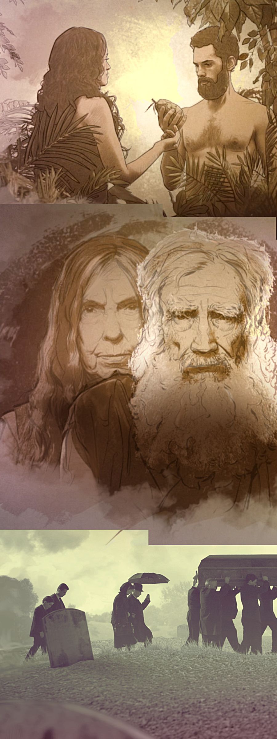 Adan ek Ev pe get frwi ki Bondie ti defann zot manze; Adan ek Ev dan zot vie zour; pe sarye enn serkey dan simitier